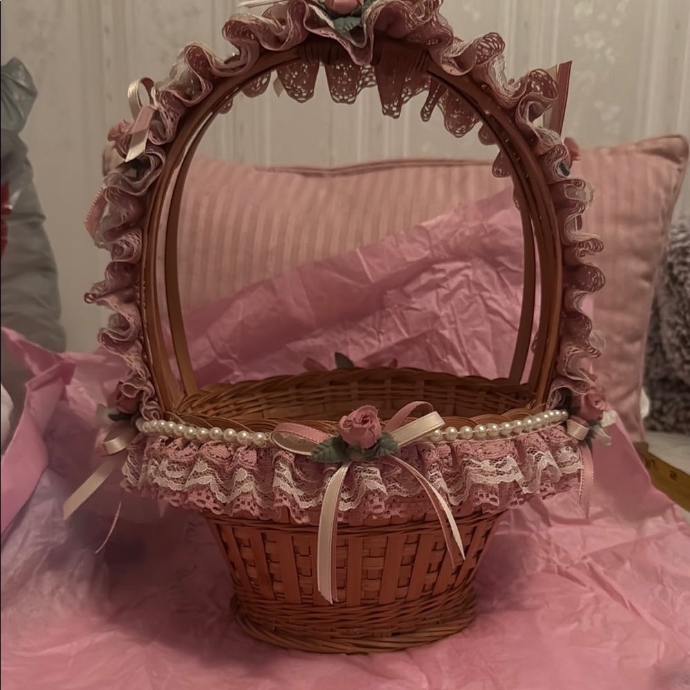 Handcrafted & Homemade Pink Lace, Pearls & Rose Decorative Basket. Flower Girl.